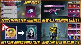 🔴 1200 Character Voucher Event in BGMI Also ? | New 4.3 Premium Crate | Free Joker Voice Pack BGMI