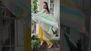 Yellow Kurti & Pant set with multicolour dupatta at just Rs. 650/- along with a free earring set.