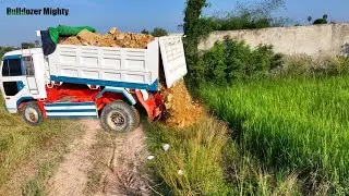 Best Processing Filling Up The Land huge, Bulldozer KOMATSU D31P, Dump truck unloading