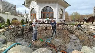 Субботник. Очистка пруда.Снятие укрытий с гортензий,обрезка,разокучивание,внесение удобрений...