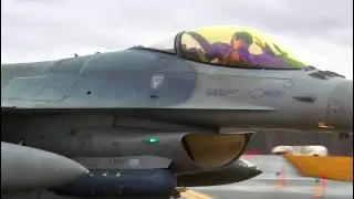 U.S. Air Force F-16C Fighting Falcons taxiing and takeoff