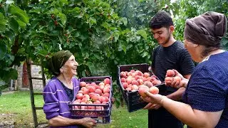 Peach Juice in Large Jars | Grandma Rose Making Khinkali