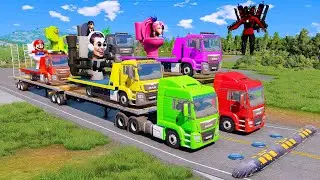 Double Flatbed Trailer Truck vs Speedbumps vs Cars - Bollard vs Deep Water Beamng.Drive 02