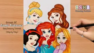 Group of Disney Princesses | Step by step | How to draw Ariel, Belle, Cinderella and more | Drawing