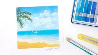 [ENG] Summer Beach with Coconut Trees - Easy Soft Pastels Drawing