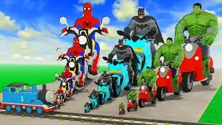 Big & Small: Spider-Man vs Batman vs Hulk on a motorcycle vs Train in Teardown
