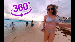 VR 360 5k - Beautiful girl takes a sunset walk on the beach of Cancun, Mexico ASMR