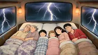 Cozy Family Night in Our Bus Home ⚡ Rain & Thunder | Ghibli Style Cooking ASMR