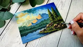 Sunset mountain lake \ Step by step tutorial \ Acrylic painting