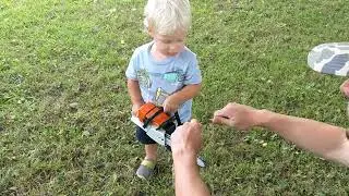 Chainsaw for kids | Toy Stihl and real Echo chainsaw help trim downed branches after storm
