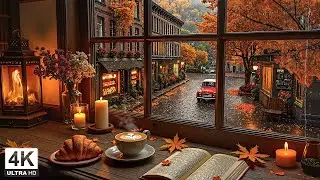 Autumn Café by the Window & Vintage Jazz Piano 🍂 Candlelight Ambience for Work, Study & Rain Sound