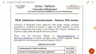 P.hd Admissions Jan 2021 Sessions  University of Hyderabad Complete Details