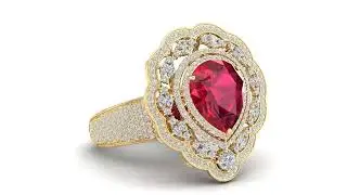 Yellow Gold Diamond Ruby Floral Ring rendered by Cad & Render