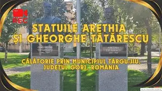 Statui Arethia și Gheorghe Tătărescu în parcul de lângă Muzeul judetean Gorj din Târgu Jiu, România