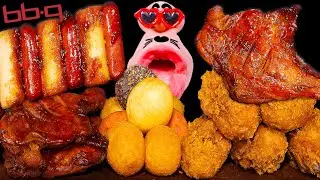 Jamaican BBQ Chicken, Fried Chicken and Spicy Chicken Noodles! ASMR Mukbang Eating Show!