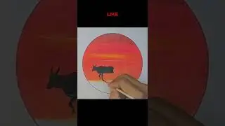 Easy Drawing: Cow Under Sunset Scenery #shorts
