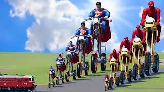 Big & Small High Spiderman on a motorcycle vs Big & Small High Superman on a motorcycle vs Trains