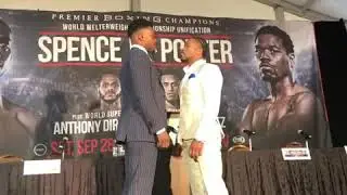 ERROL SPENCE HAS SHAWN PORTER LOOKING UP DURING THEIR FACE OFF FOR THEIR SEPTEMBER 28th SHOWDOWN