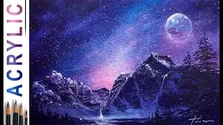Starry Night at Mountain. How to paint landscape 🎨ACRYLIC tutorial DEMO