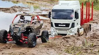 BRP Maverick X3 pulls a MAN 8x6 TRUCK out of the mud! ...RC OFFroad 4x4