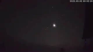 Venus and Jupiter with Starlink satellite train (long version).
