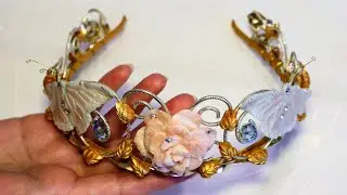 Flower Tiara with polymer clay rose and butterflies, leaves with gold leaf 23 ct. Diy headband crown
