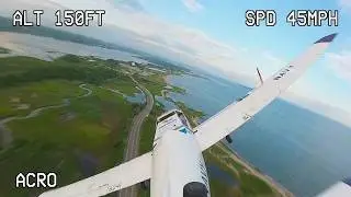 Beach flying through clouds at sunset