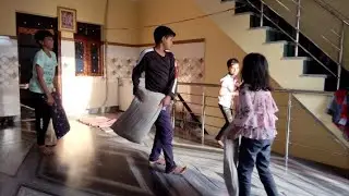 Pillow fight with brother,sister and friend