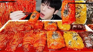 ASMR MUKBANG | Fire Spicy foods (Barbeque Chicken, Noodles-Rice paper wrap, Black bean, Mushroom)