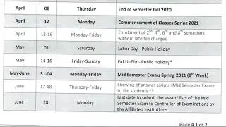 UE Updated Academic Calendar Spring 2021 University of Education