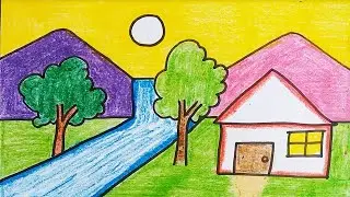 Easy landscape drawing for kids and beginners | Learn house and nature simple painting