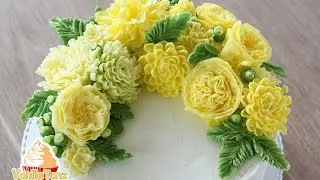Cake with Dahlia and English rose flowers with glossy buttercream