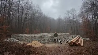 Building a Bushcraft House of Logs and Stones | Full Process
