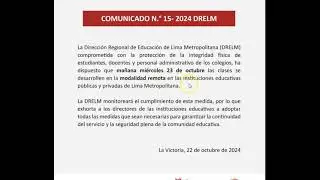 COMUNICADO N° 15 DRELM; MAÑANA 23 DE OCTUBRE ACTIVIDADES ESCOLARES EN LA MODALIDAD REMOTA.