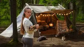 🌲 48 Hours Solo Camping in a Wild Bog | Fishing with My Dog, Wood Stove & ASMR