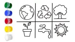 Draw and Color Earth Day Symbols 🌿🌎☀️🌳♻️💧Drawing for Kids