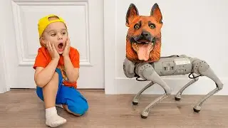 Chris and Michael play with robo dog