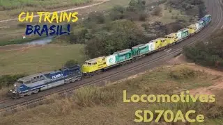 Locomotivas SD70ACe Eldorado sendo rebocadas por locomotivas da Rumo.