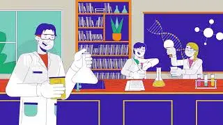 Happy chemistry teacher showing experiment to children cartoon animation