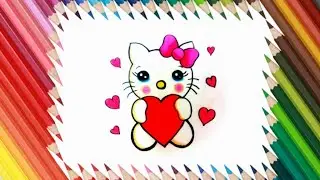 how to draw hello Kitty with love hearts drawing step by step - very easy #hellokitty #kittydrawing
