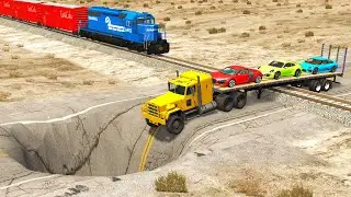 Transporter Truck Flatbed Trailer Giant Pit Car Rescue - Cars vs Giant Pit and Train - BeamNG.drive