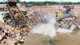Incredible!! Huge Project Filling Up Mountain Stone On Flooded Area With Dump Trucks Performance