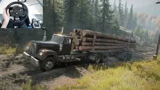 Long Logs delivery to Sawmill - SnowRunner(White-Western Star 4964) | Thrustmaster TMX Gameplay