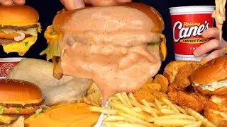 ASMR MUKBANG CANES SAUCE MCDONALDS BURGERS CHIPOTLE BURRITOS CHICKEN & FRIES | WITH CHEESE