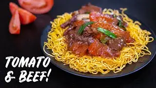 Tomato & Beef CRISPY Noodles! No Deep Frying Needed! 番茄牛肉煎面