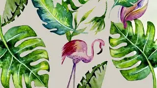 Рисуем фламинго акварелью и монстеру. Рисуем по мокрому. Рисунки триптиха