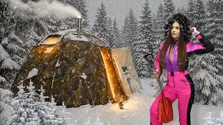 Winter Camping in a Snow Storm with Hot tent & Wood stove Alone ❄️ ASMR