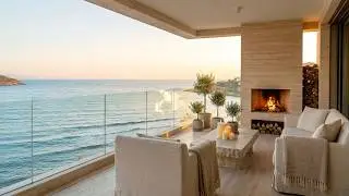 Cozy Summer Seaside Sunset Balcony Ambience 😌🌊🌿 (Fireplace, Ocean Waves Sound)
