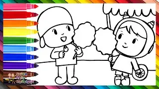 Draw and Color Pocoyo and Nina Eating Cotton Candy 👶❤️🍭👧 Drawings for Kids