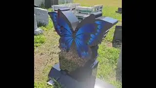 Custom All Natural Black Granite Butterfly Headstone